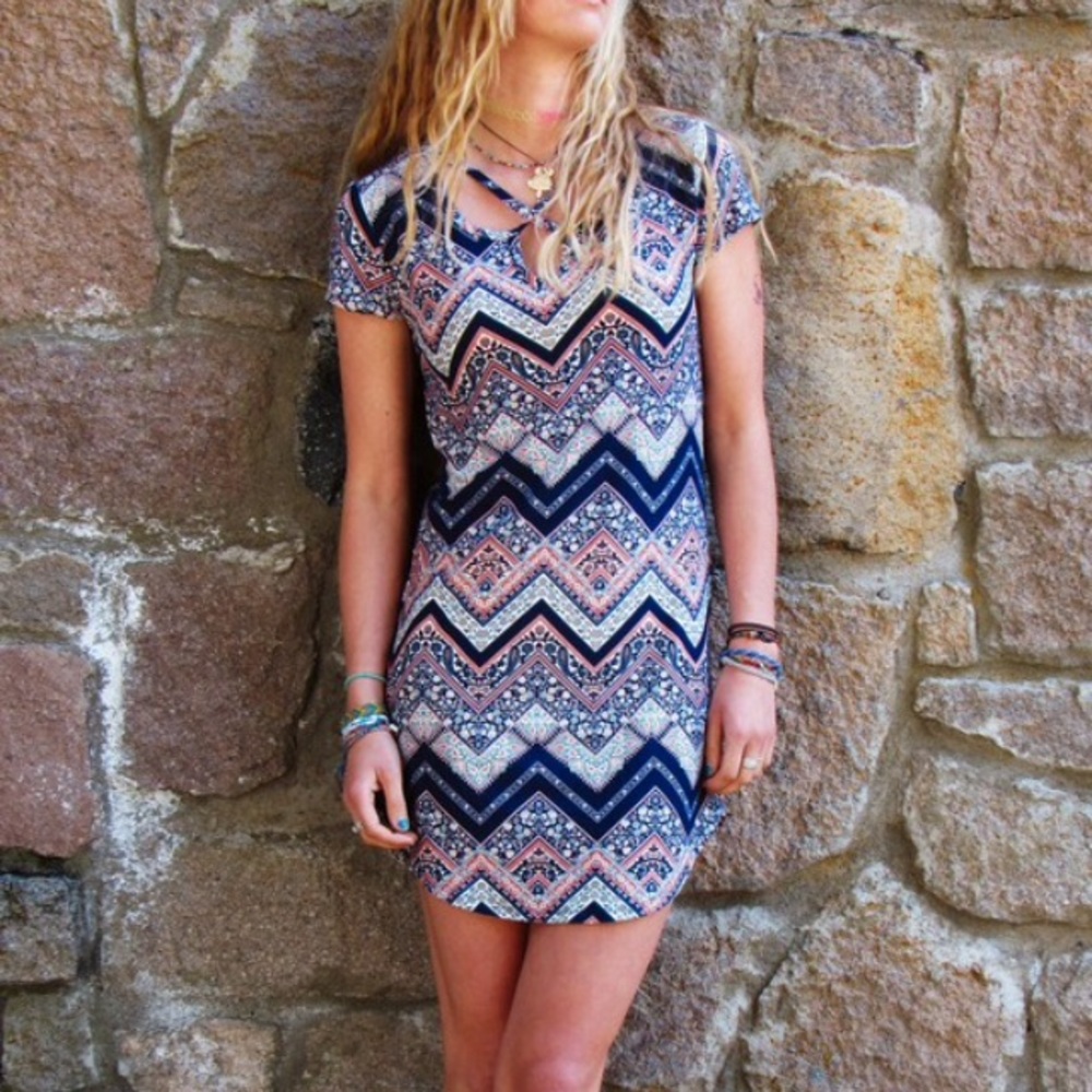 NWT Caged Front Boho Pattern Mini Dress